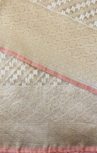 Banarasi Kora Tissue Silk Sari | Alfi Floral Border | Beige | Handwoven | Ships from California